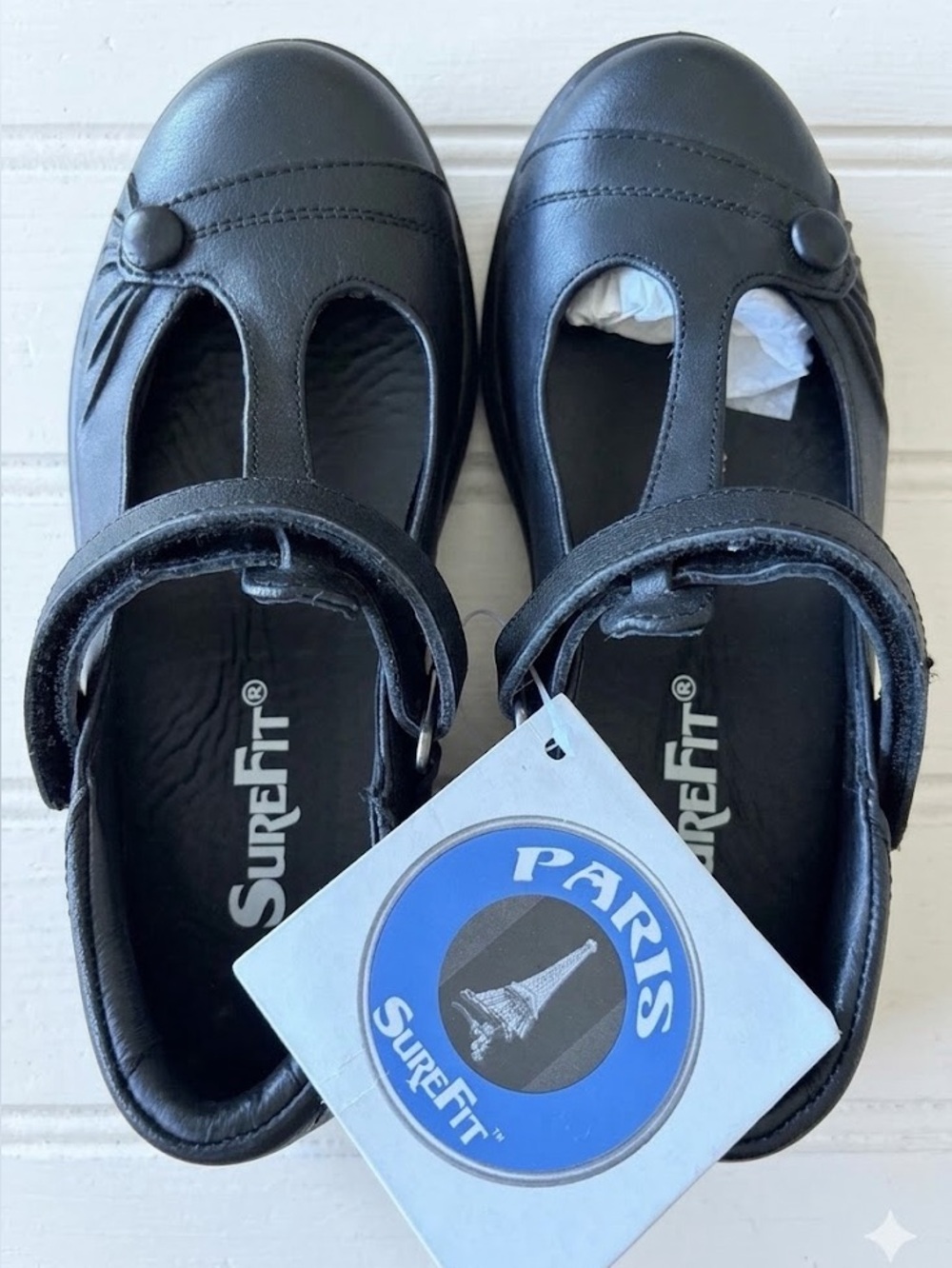 Surefit Paris Black Leather T-Strap Maryjane Comfort Shoe 5.5W Wide New NWT